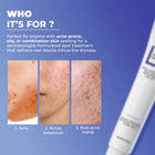 Target audience overview showing how the Dermabay acne gel works on acne-prone, oily, and combination skin to treat breakouts and post-acne marks.