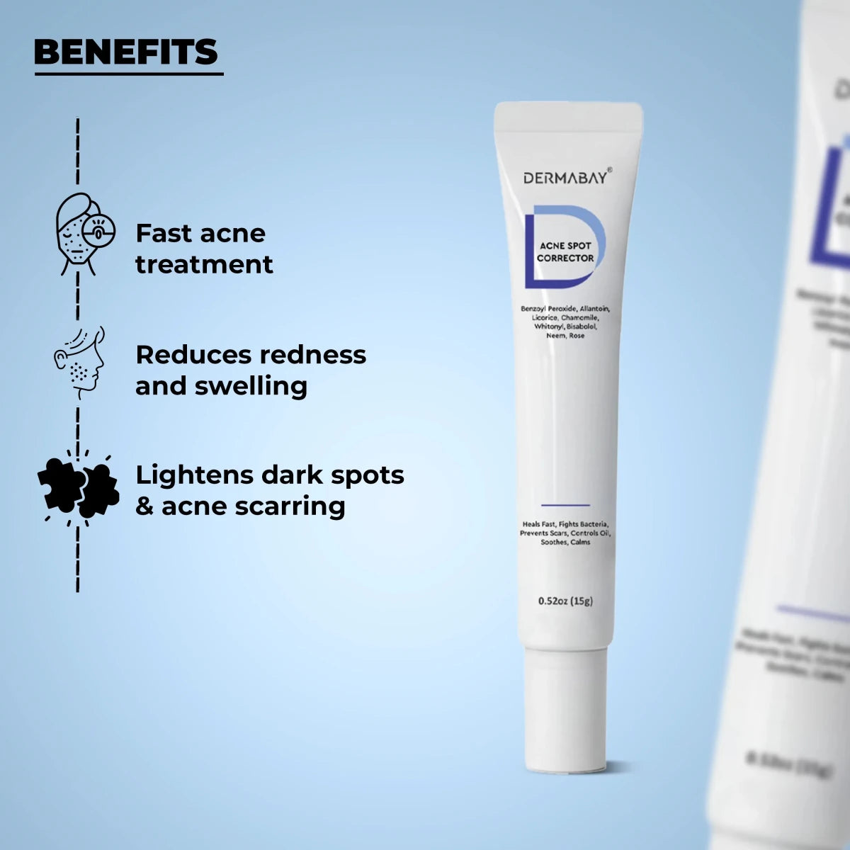 Key benefits of the Dermabay Acne Spot Corrector from the Anti Acne Combo, featuring fast acne treatment, reduced redness and swelling, and lightening of dark spots and acne scarring.