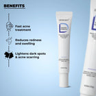 Key benefits of the Dermabay Acne Spot Corrector from the Anti Acne Combo, featuring fast acne treatment, reduced redness and swelling, and lightening of dark spots and acne scarring.