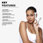 Key features of the Dermabay acne spot corrector gel highlighting its fast-acting, lightweight, and soothing formula for fading marks and preventing breakouts.