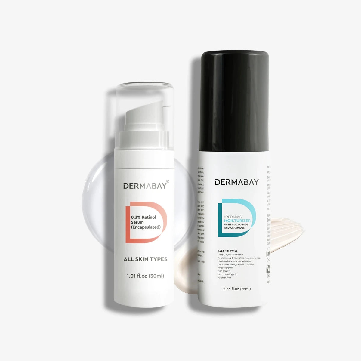 Flatlay product shot of the Dermabay Age Reversal Skincare Combo featuring 0.3% Retinol Serum (Encapsulated) and Hydrating Moisturizer with Niacinamide and Ceramides with texture swatches.