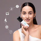 Model applying the Dermabay Hydrating Moisturizer from the All Rounder Combo, highlighting vegan, cruelty-free, paraben-free, and dermatologically tested qualities.