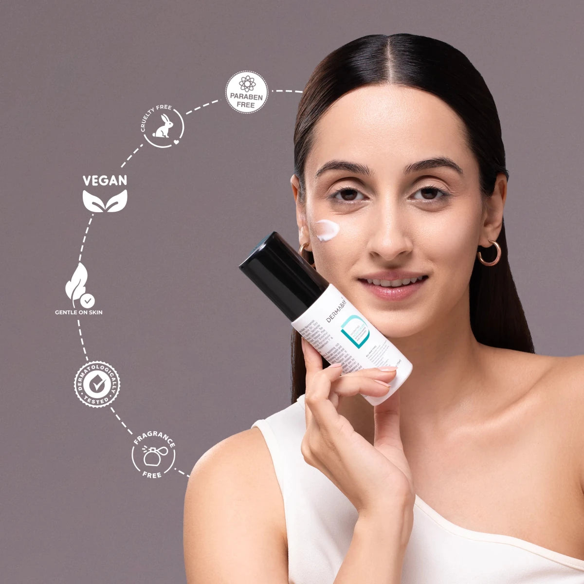 Model applying the Dermabay Hydrating Moisturizer from the All Rounder Combo, highlighting vegan, cruelty-free, paraben-free, and dermatologically tested qualities.