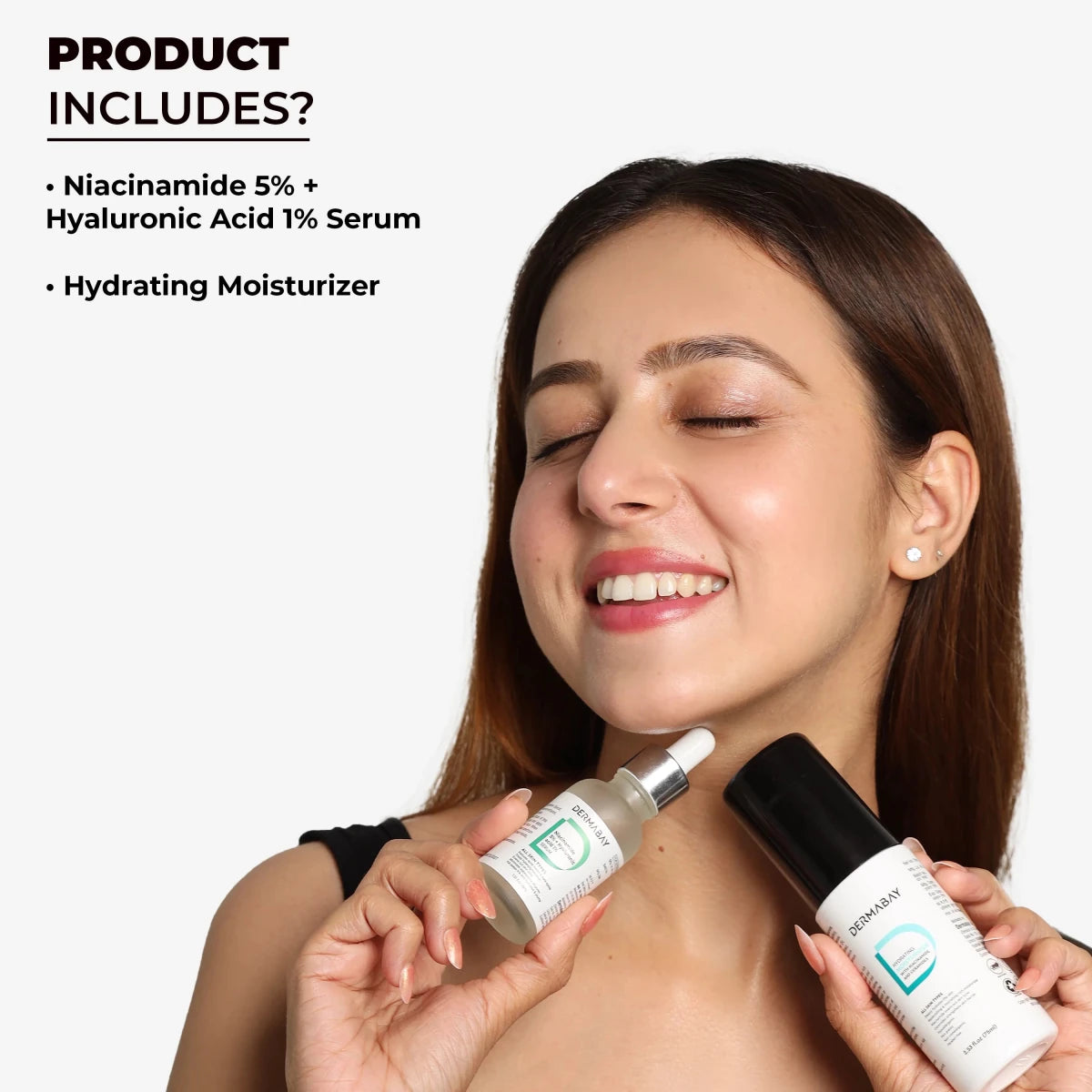 Overview of products included in the Dermabay All Rounder Combo: Niacinamide 5% + Hyaluronic Acid 1% Serum and Hydrating Moisturizer.
