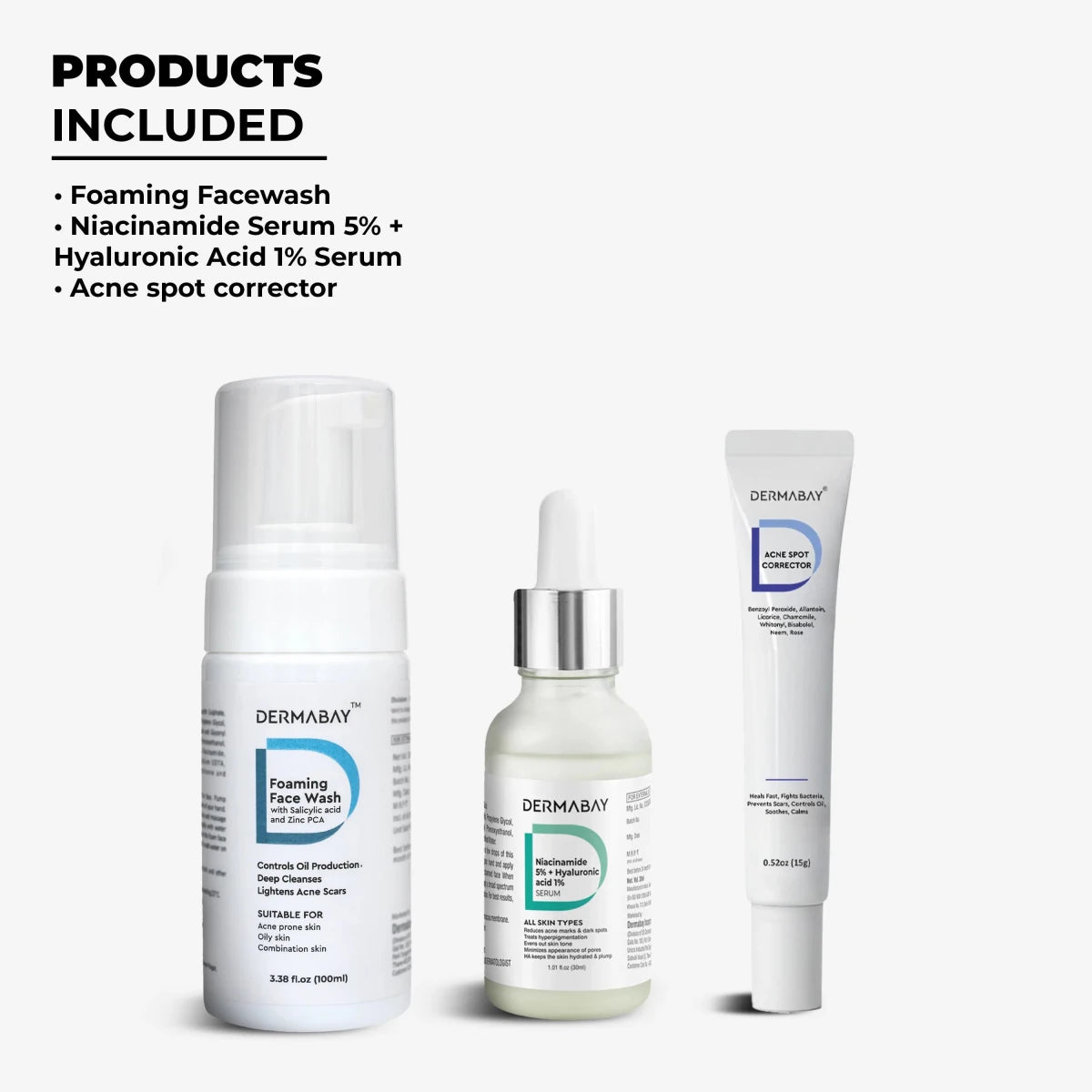 Overview of products included in the Dermabay Anti Acne Combo: Foaming Facewash, Niacinamide Serum 5% + Hyaluronic Acid 1% Serum, and Acne spot corrector.