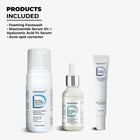 Overview of products included in the Dermabay Anti Acne Combo: Foaming Facewash, Niacinamide Serum 5% + Hyaluronic Acid 1% Serum, and Acne spot corrector.