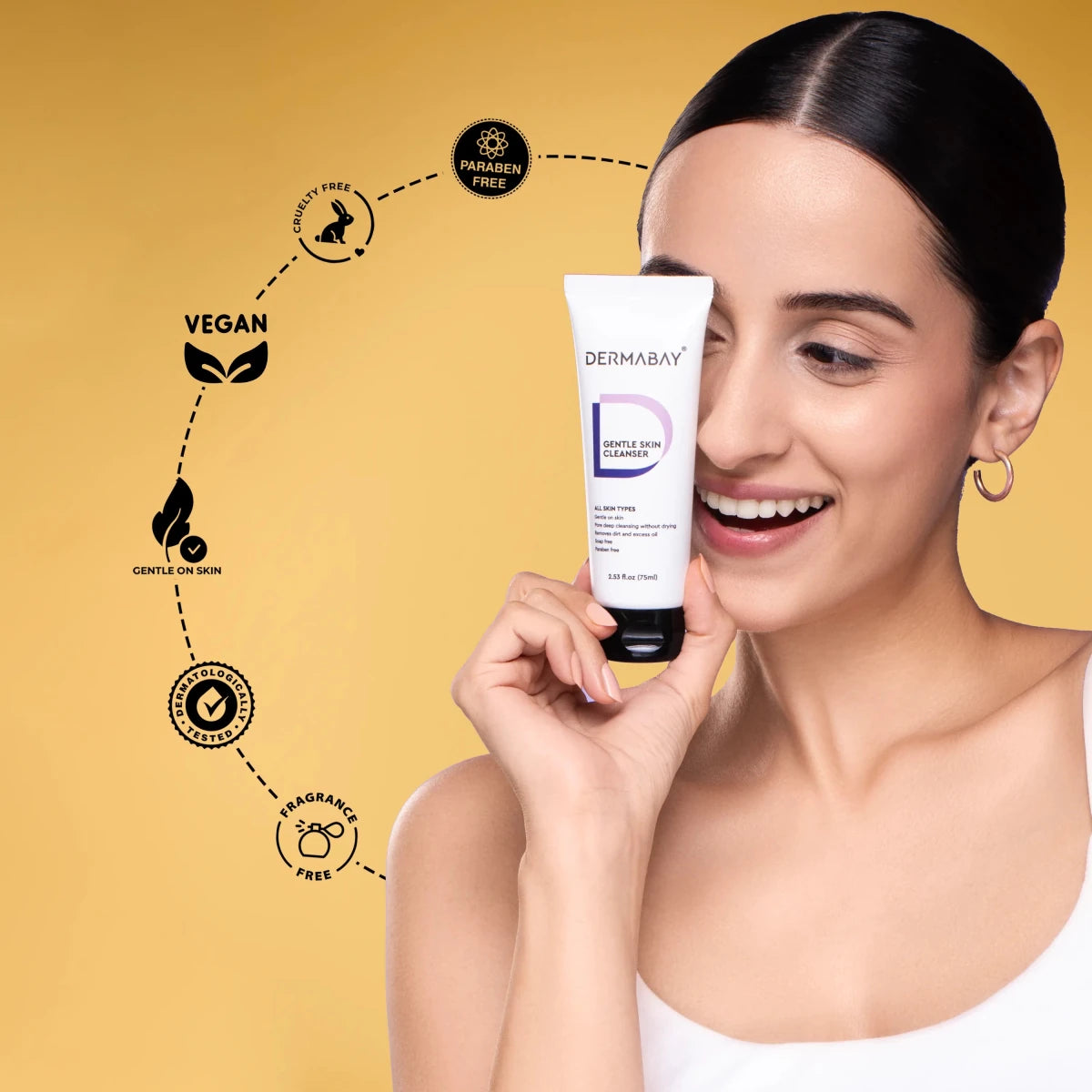 Model showcasing the Dermabay Gentle Skin Cleanser from the Anti Pigmentation Combo, highlighting vegan, cruelty-free, and paraben-free standards.