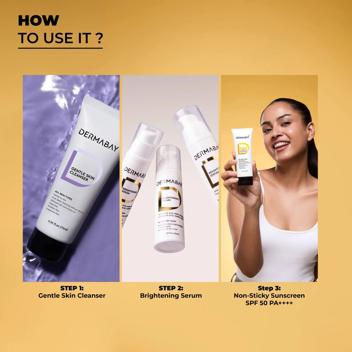 Close-up display of the Dermabay Gentle Skin Cleanser highlighting skin-friendly and deep pore cleansing properties for the Anti Pigmentation Combo.