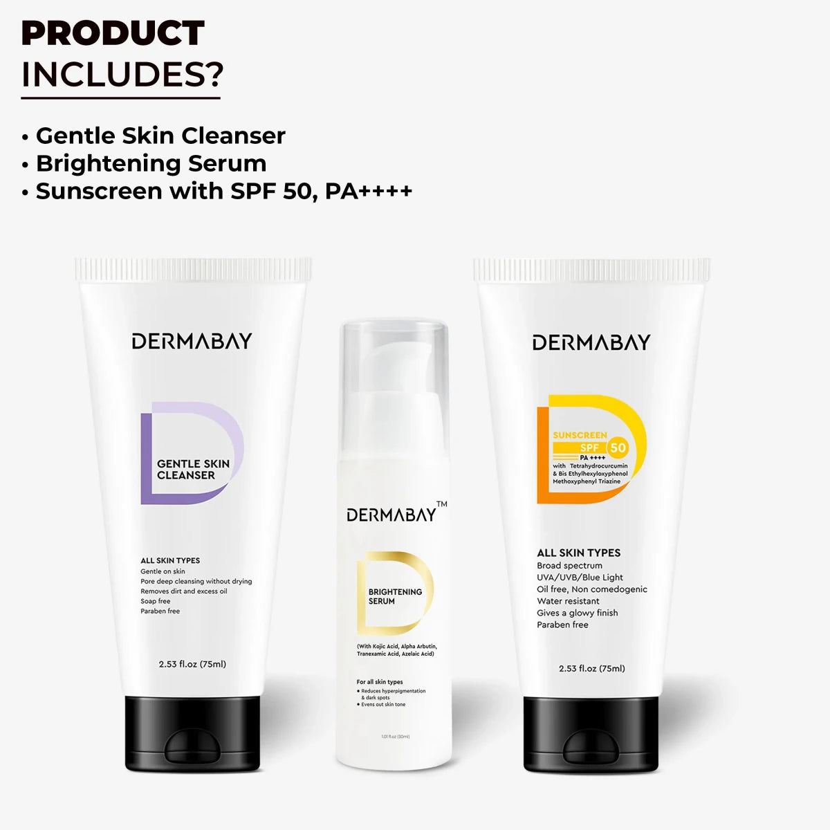 Overview of products included in the Dermabay Anti Pigmentation Combo: Gentle Skin Cleanser, Brightening Serum, and Sunscreen with SPF 50, PA++++.
