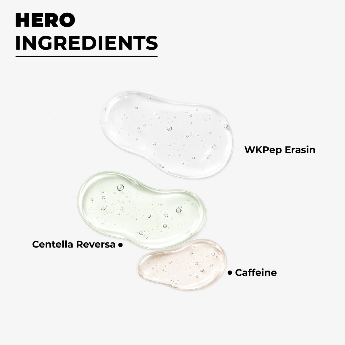 Powerful active hero ingredients including WKPep Erasin, Centella Reversa, and Caffeine featured in the Dermabay best anti aging serum.
