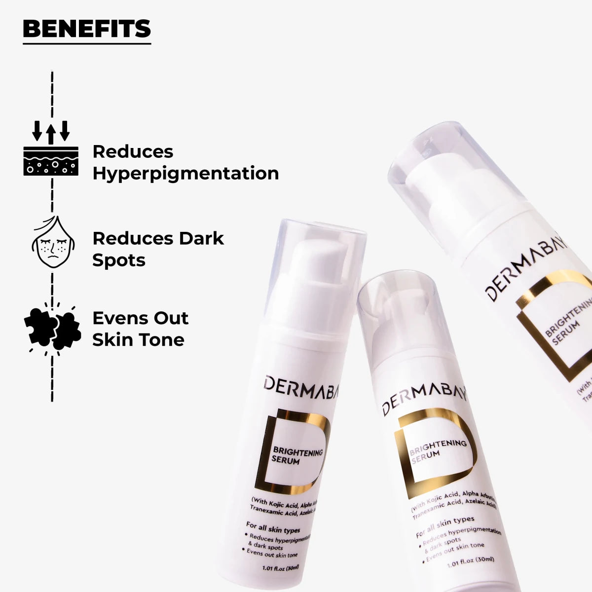 Key benefits of the Dermabay Brightening Serum from the Anti Pigmentation Combo, focusing on reducing hyperpigmentation, diminishing dark spots, and evening out skin tone.