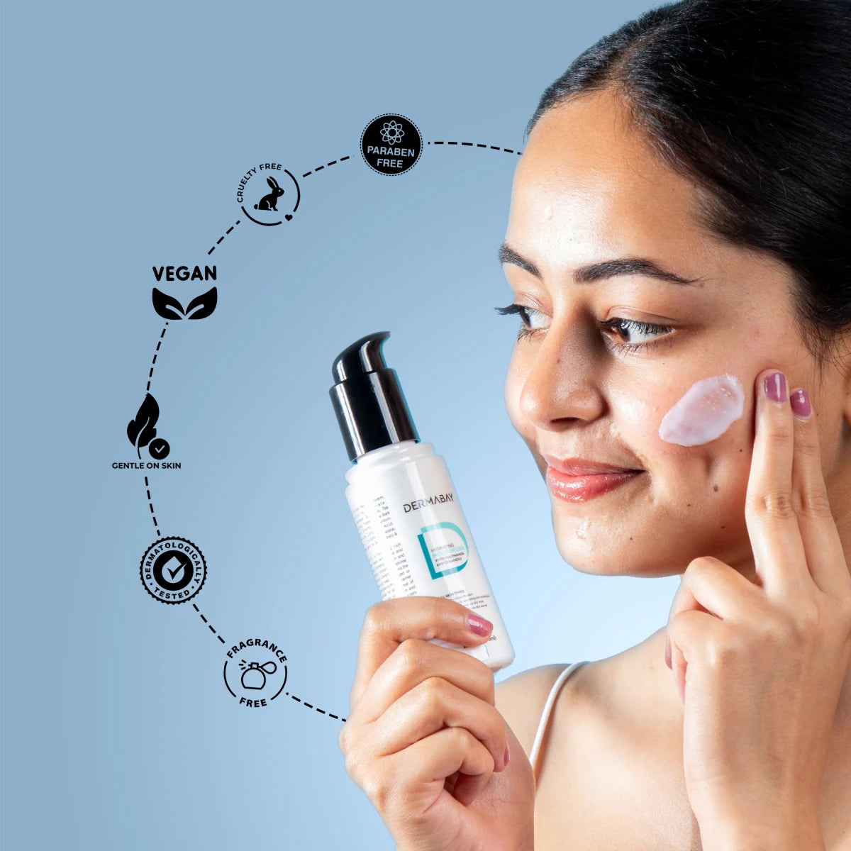 Model applying the Dermabay Hydrating Moisturizer from the Cleanse and Glow Combo, showcasing vegan, cruelty-free, and paraben-free standards.