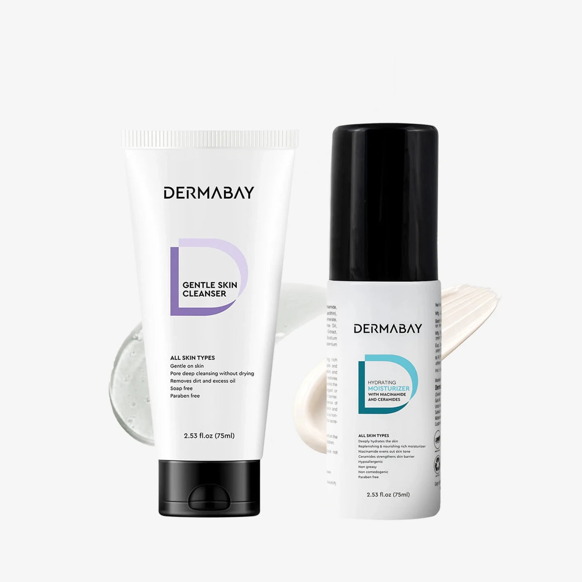 Flatlay product shot of the Dermabay Cleanse and Glow Combo featuring the Gentle Skin Cleanser and Hydrating Moisturizer with Niacinamide and Ceramides alongside texture swatches.