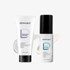 Flatlay product shot of the Dermabay Cleanse and Glow Combo featuring the Gentle Skin Cleanser and Hydrating Moisturizer with Niacinamide and Ceramides alongside texture swatches.
