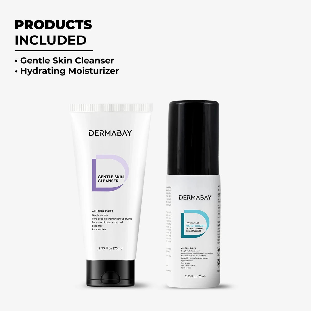 Overview of products included in the Dermabay Cleanse and Glow Combo: Gentle Skin Cleanser and Hydrating Moisturizer.