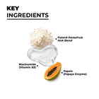 Key active ingredients including Fision PentaFruit AHA Blend, Niacinamide, and Papain in the Dermabay face exfoliator