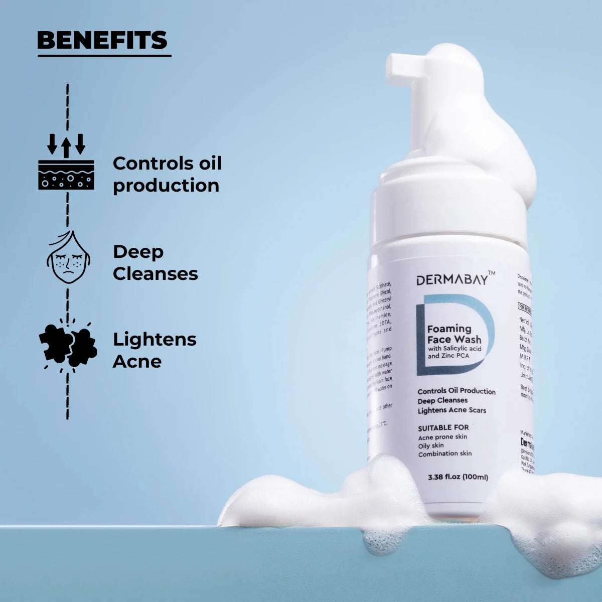 Key benefits of the Dermabay Foaming Face Wash from the Anti Acne Combo, highlighting oil production control, deep cleansing, and lightening acne scars.