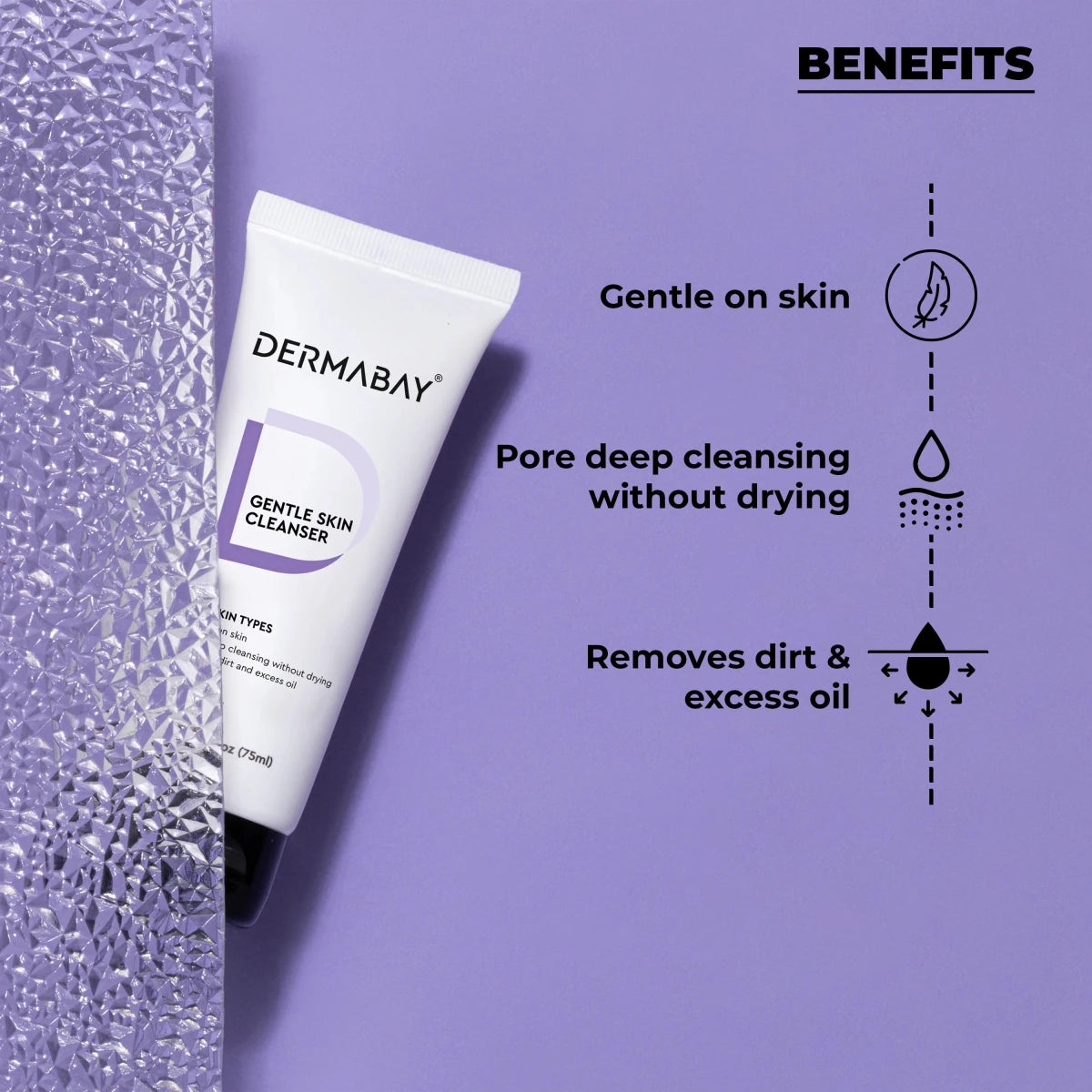 Key benefits of the Dermabay Gentle Skin Cleanser from the Anti Pigmentation Combo, highlighting gentle on skin, deep pore cleansing without drying, and dirt/excess oil removal.