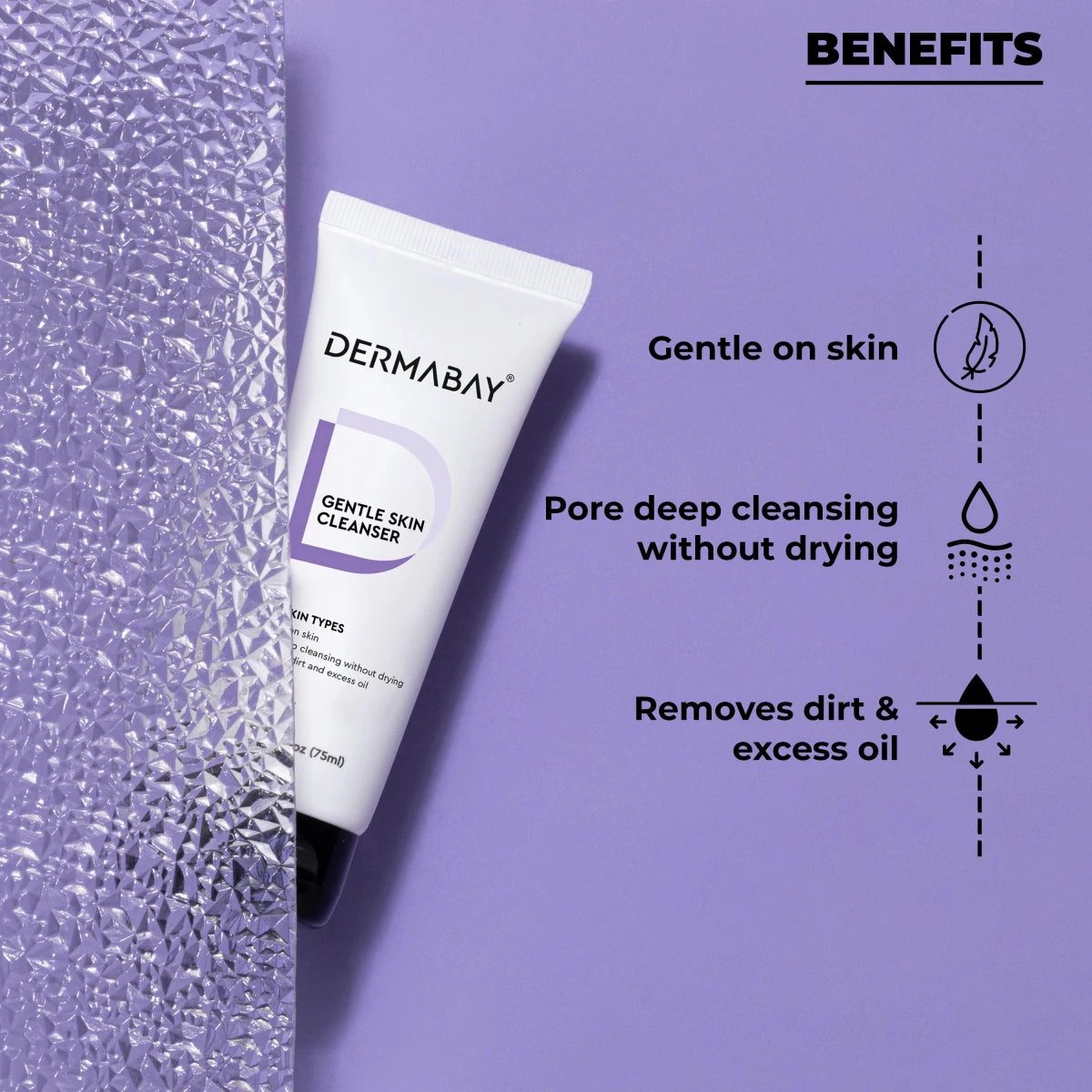 Key benefits of the Dermabay Gentle Skin Cleanser from the Morning Skincare Routine Kit, showcasing gentle deep pore cleansing and removal of dirt and excess oil without drying.