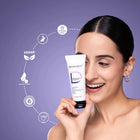 A model holding a tube of the Dermabay gentle skin cleanser, showcasing a vegan, paraben-free, and fragrance-free daily skincare formula.