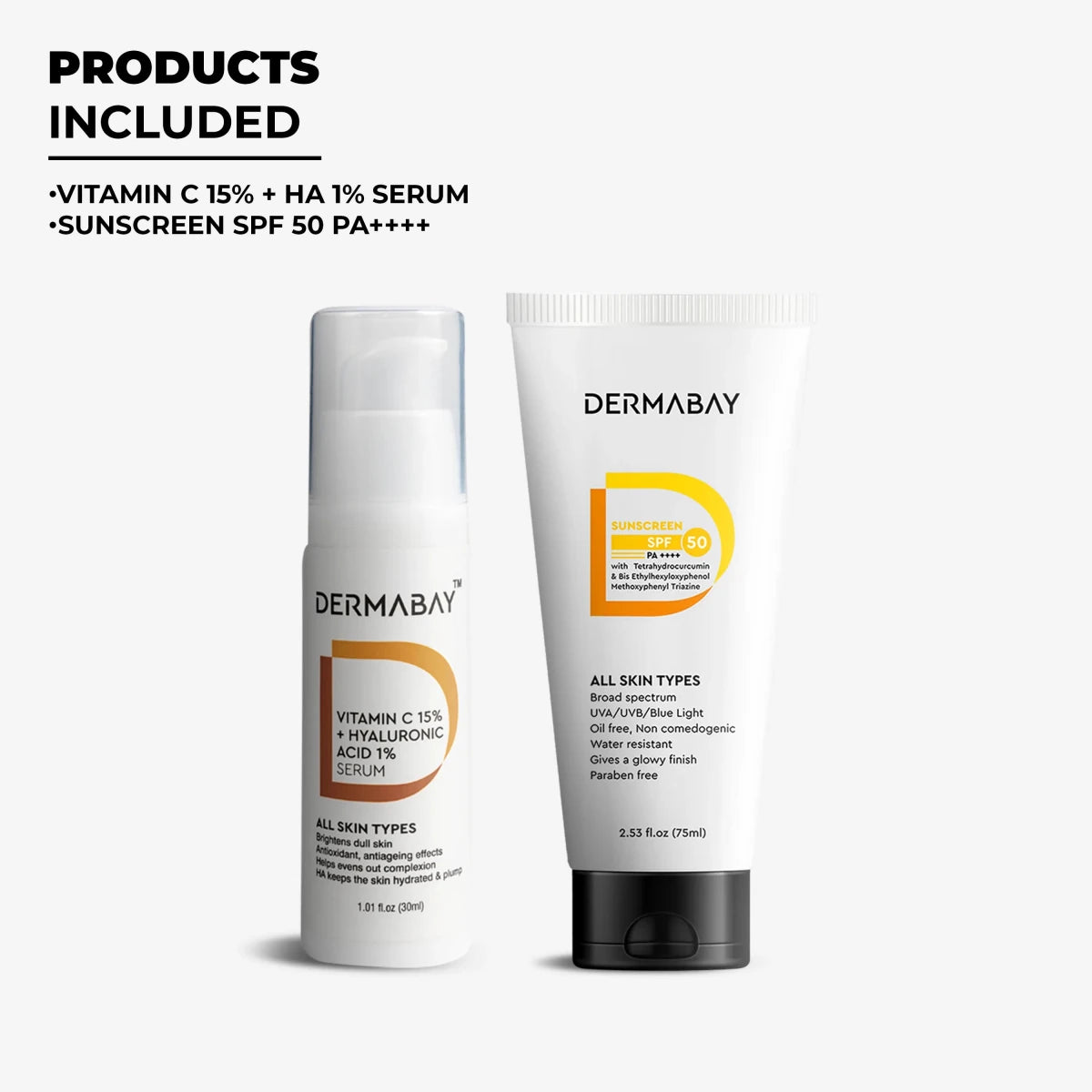 Overview of products included in the Dermabay Glow And Protect Combo: Vitamin C 15% + HA 1% Serum and Sunscreen SPF 50 PA++++.