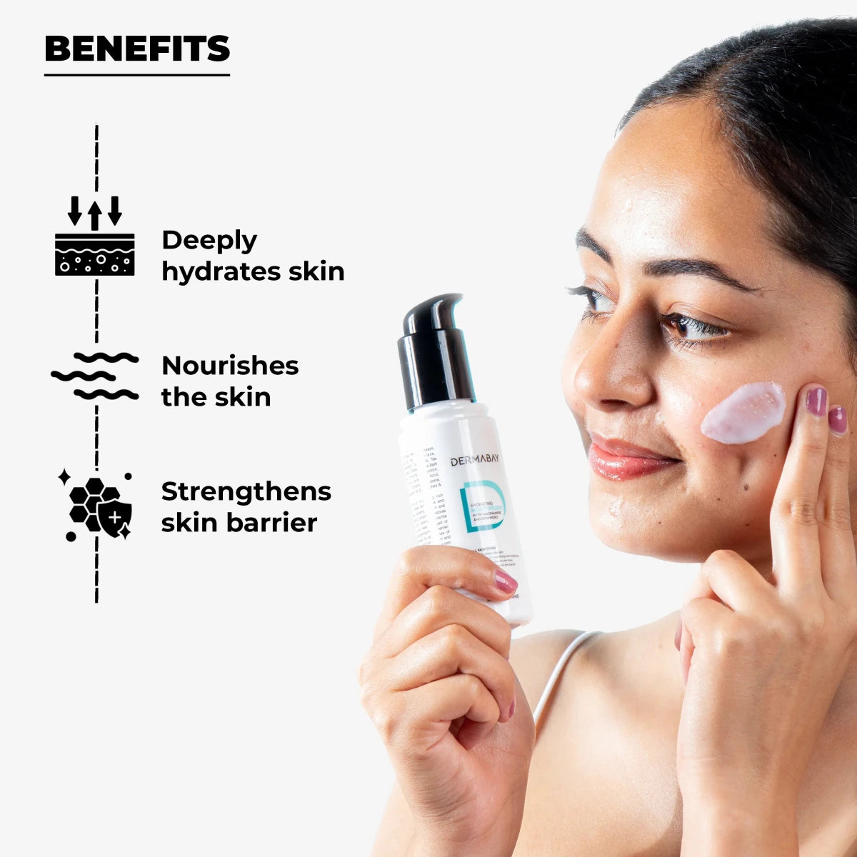 Key benefits of the Dermabay Hydrating Moisturizer from the All Rounder Combo, highlighting deep hydration, nourishment, and skin barrier strengthening.