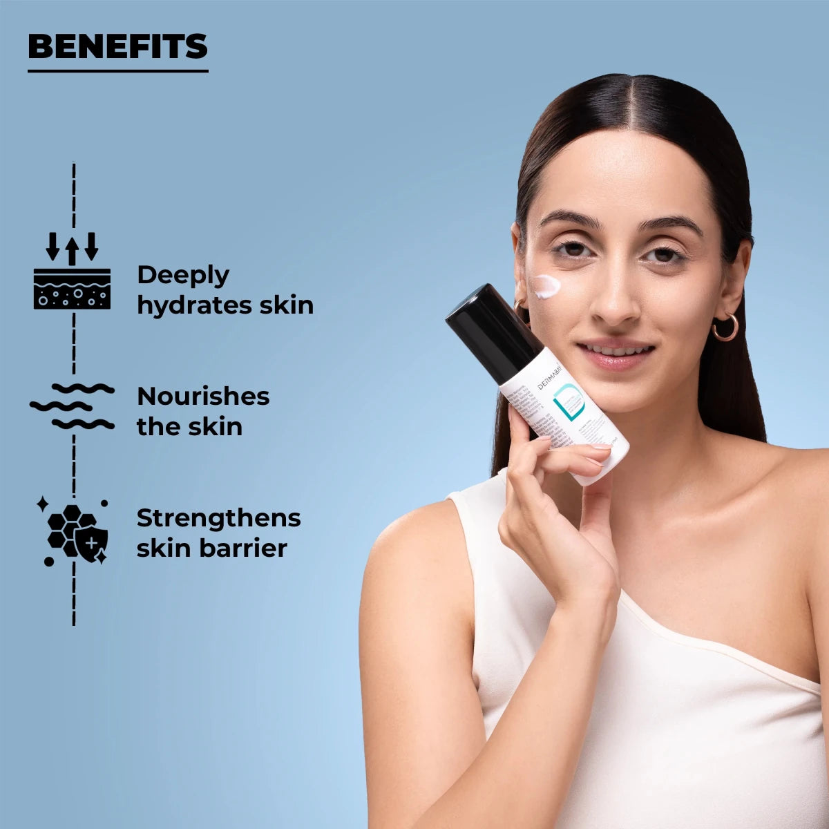 Key benefits of the Dermabay Hydrating Moisturizer from the Cleanse and Glow Combo, focusing on deep hydration, skin nourishment, and skin barrier strengthening.