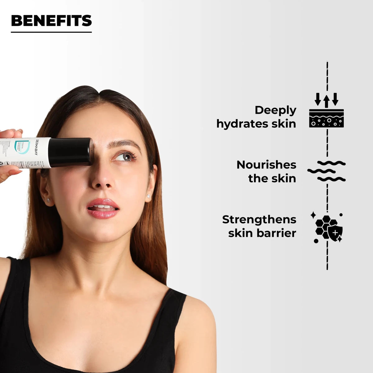 Key benefits of the Dermabay Hydrating Moisturizer from the Night Skincare Routine Kit, highlighting deep skin hydration, nourishment, and skin barrier strengthening.
