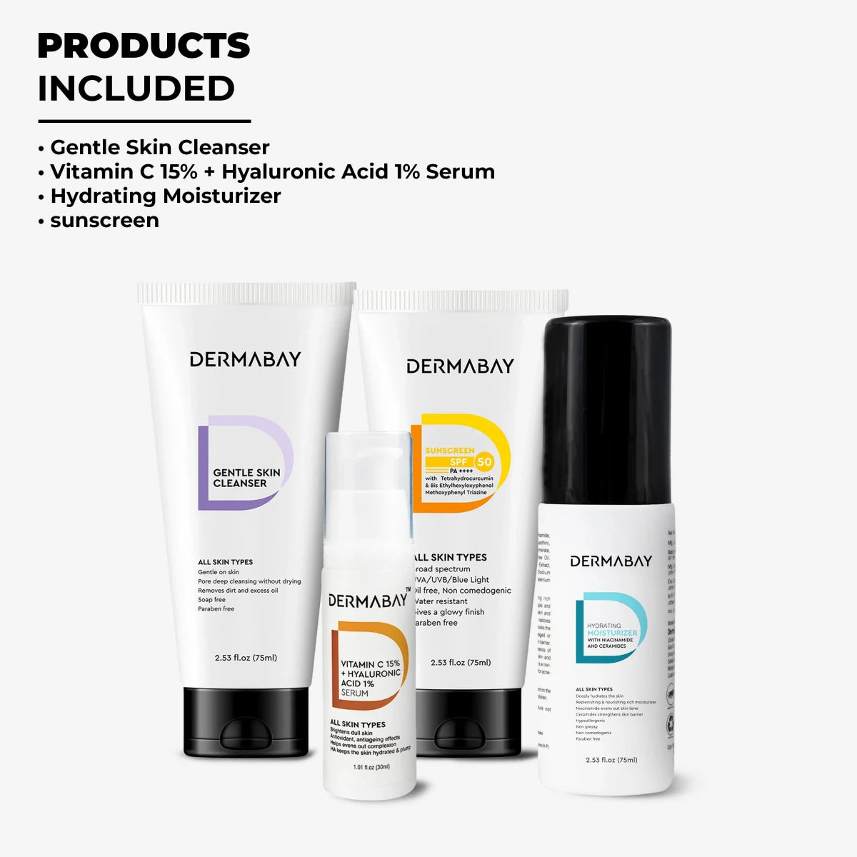 Flatlay product lineup of the Dermabay Morning Skincare Routine Kit featuring the Gentle Skin Cleanser, Vitamin C 15% + Hyaluronic Acid 1% Serum, Sunscreen SPF 50 PA++++, and Hydrating Moisturizer with texture swatches.