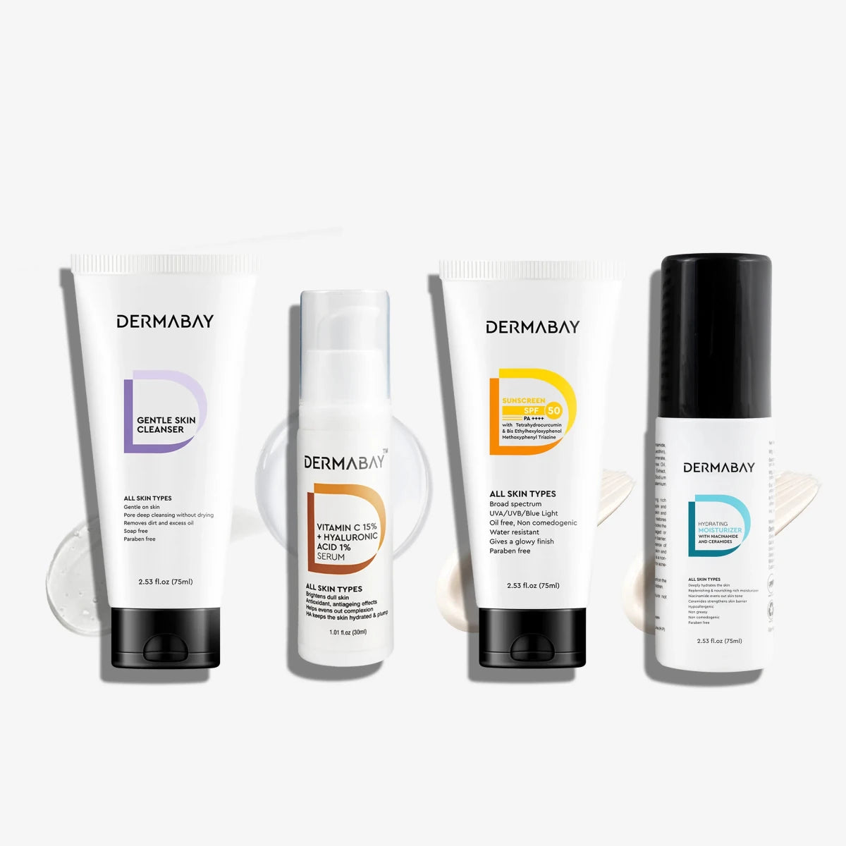 Flatlay product lineup of the Dermabay Morning Skincare Routine Kit featuring the Gentle Skin Cleanser, Vitamin C 15% + Hyaluronic Acid 1% Serum, Sunscreen SPF 50 PA++++, and Hydrating Moisturizer with texture swatches.