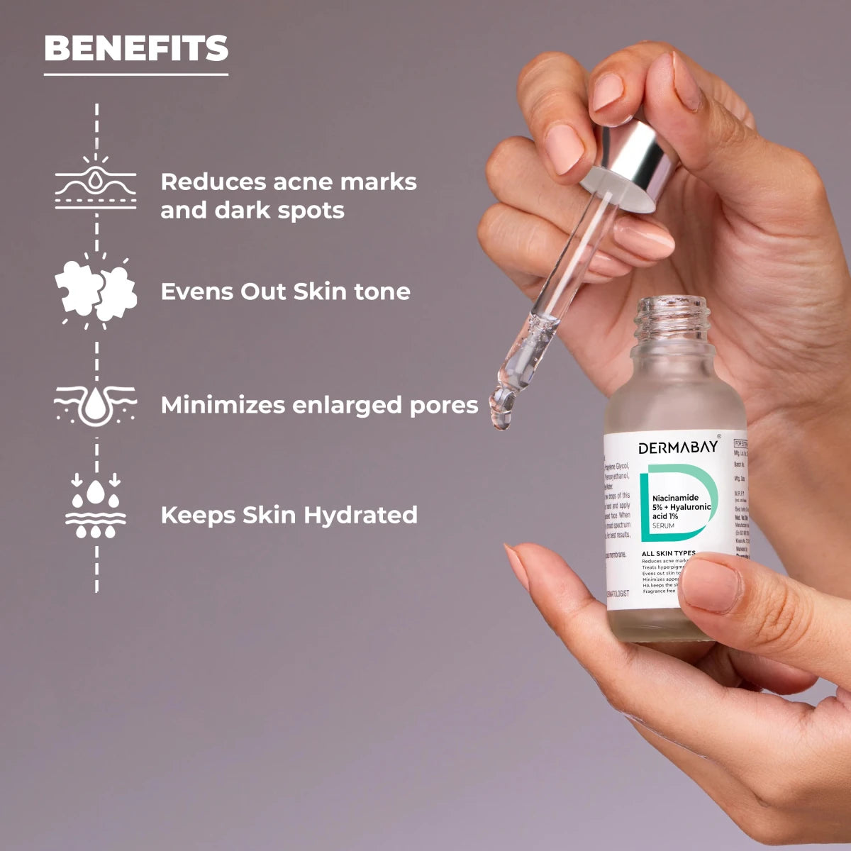 Key benefits of the Dermabay Niacinamide 5% + Hyaluronic Acid 1% Serum from the All Rounder Combo, focusing on reducing acne marks, evening skin tone, minimizing pores, and hydration.