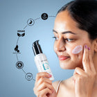 Model applying the Dermabay Hydrating Moisturizer from the Night Skincare Routine Kit, featuring key icons for vegan, cruelty-free, and paraben-free skincare.