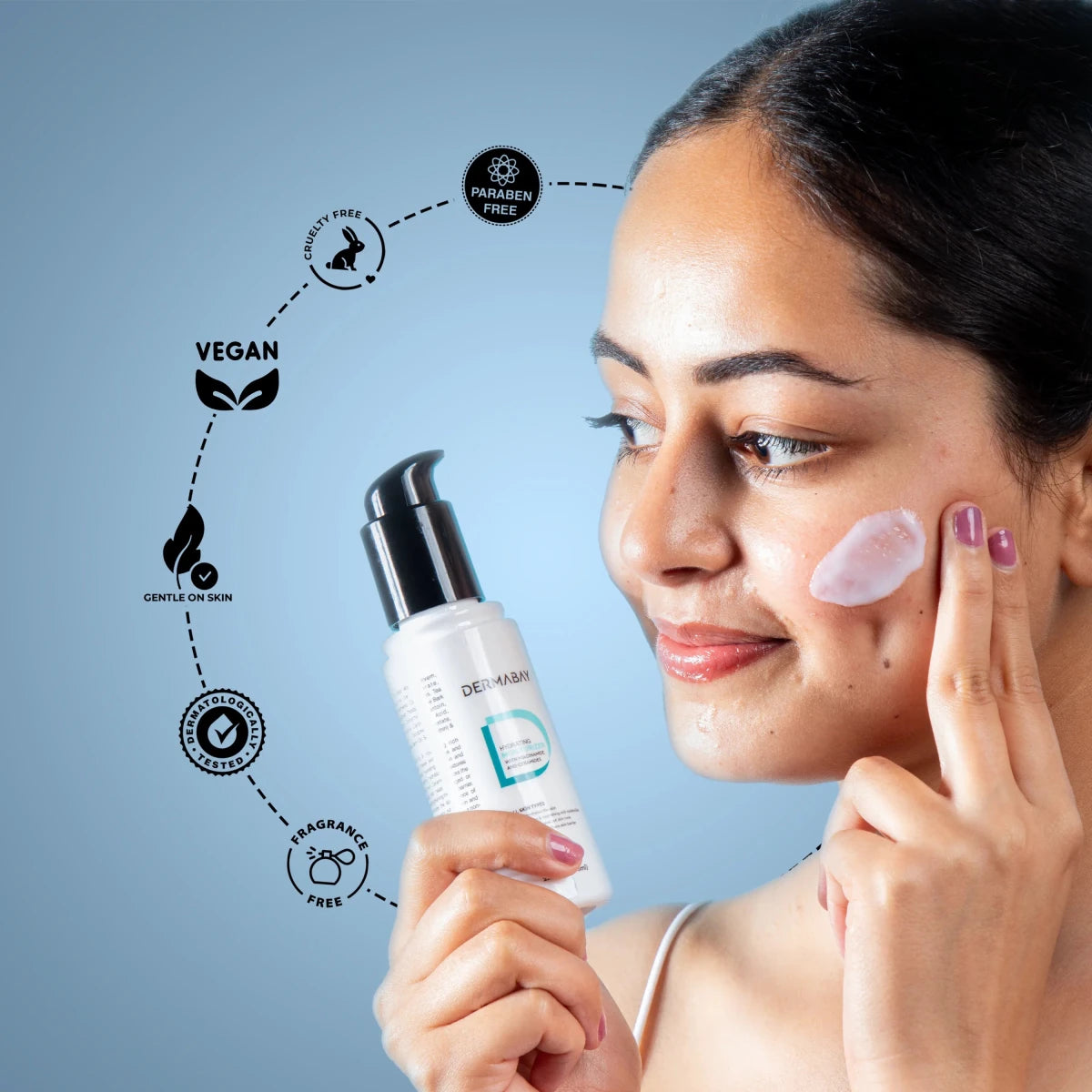 Model applying the Dermabay Hydrating Moisturizer from the Night Skincare Routine Kit, featuring key icons for vegan, cruelty-free, and paraben-free skincare.