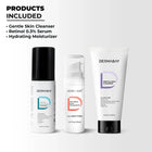 Overview of products included in the Dermabay Night Skincare Routine Kit: Gentle Skin Cleanser, Retinol 0.3% Serum, and Hydrating Moisturizer.