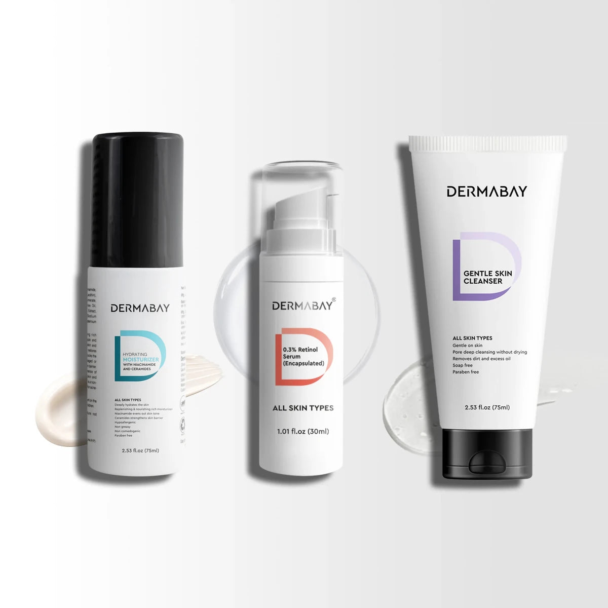 Flatlay product lineup of the Dermabay Night Skincare Routine Kit featuring the Gentle Skin Cleanser, Retinol 0.3% Serum, and Hydrating Moisturizer with texture swatches.
