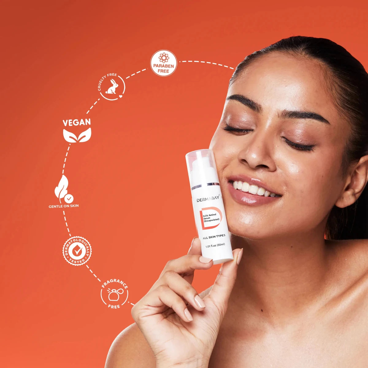 A model holding a Dermabay face serum bottle, showcasing vegan and gentle formula features ideal for your nighttime routine.