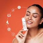 A model holding a Dermabay face serum bottle, showcasing vegan and gentle formula features ideal for your nighttime routine.
