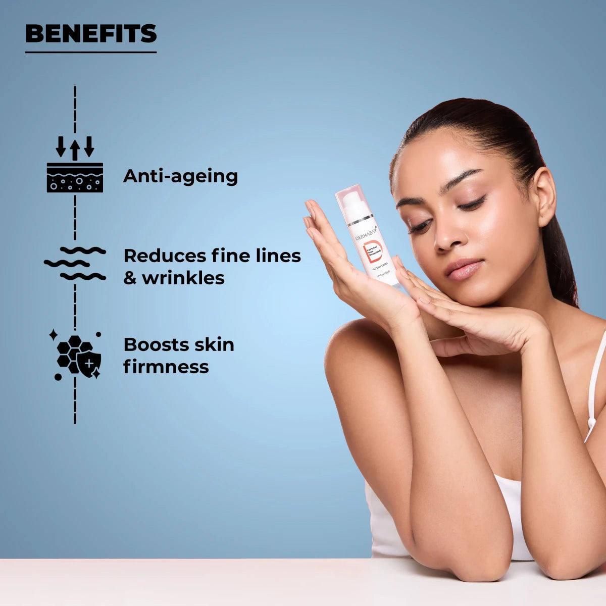 Anti-ageing benefits of the Dermabay Retinol 0.3% Serum included in the Night Skincare Routine Kit, showing reduction of fine lines, wrinkles, and enhanced skin firmness.