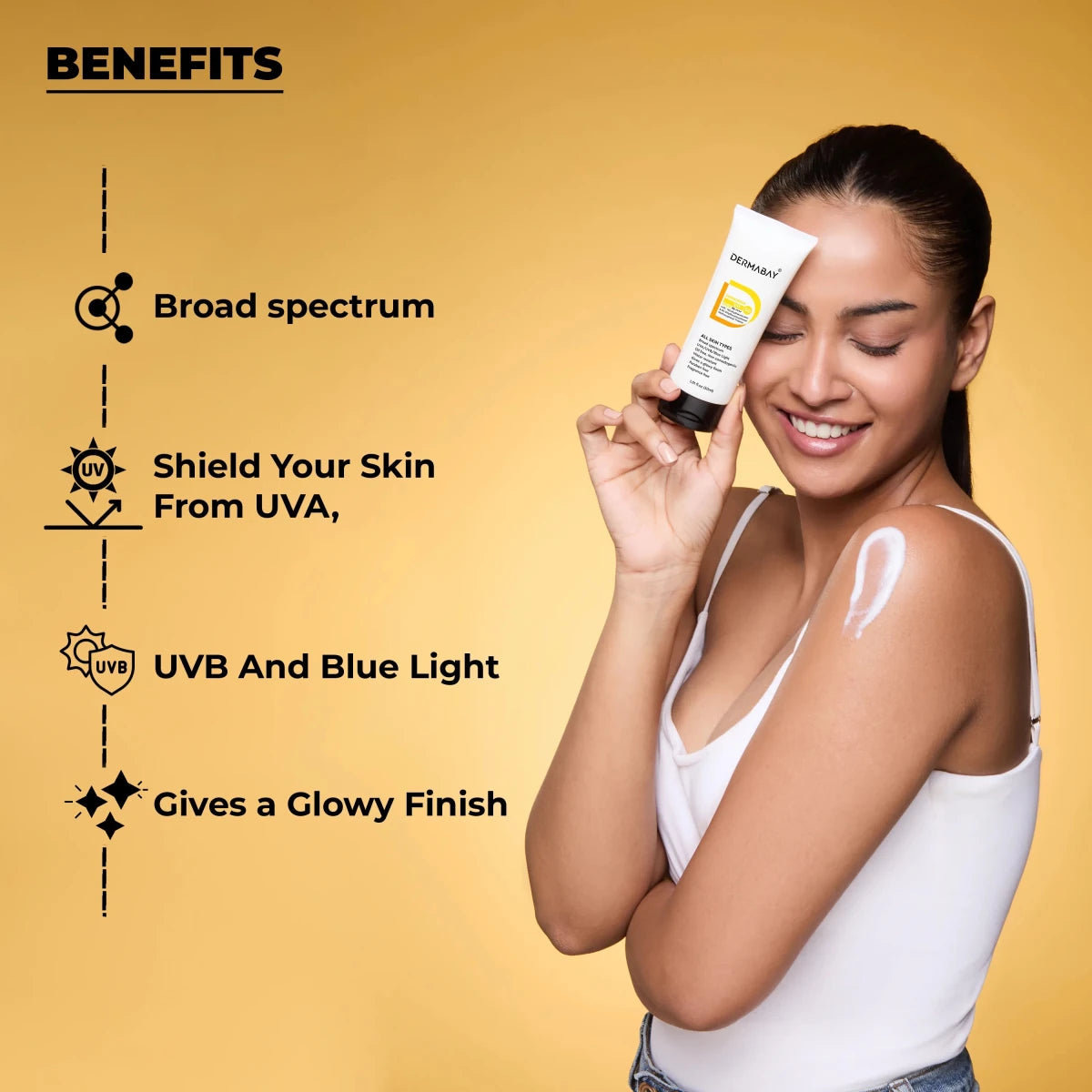 Broad-spectrum protection benefits of the Dermabay Sunscreen SPF 50 PA++++ from the Anti Pigmentation Combo, offering UVA, UVB, and blue light defense with a glowy finish.