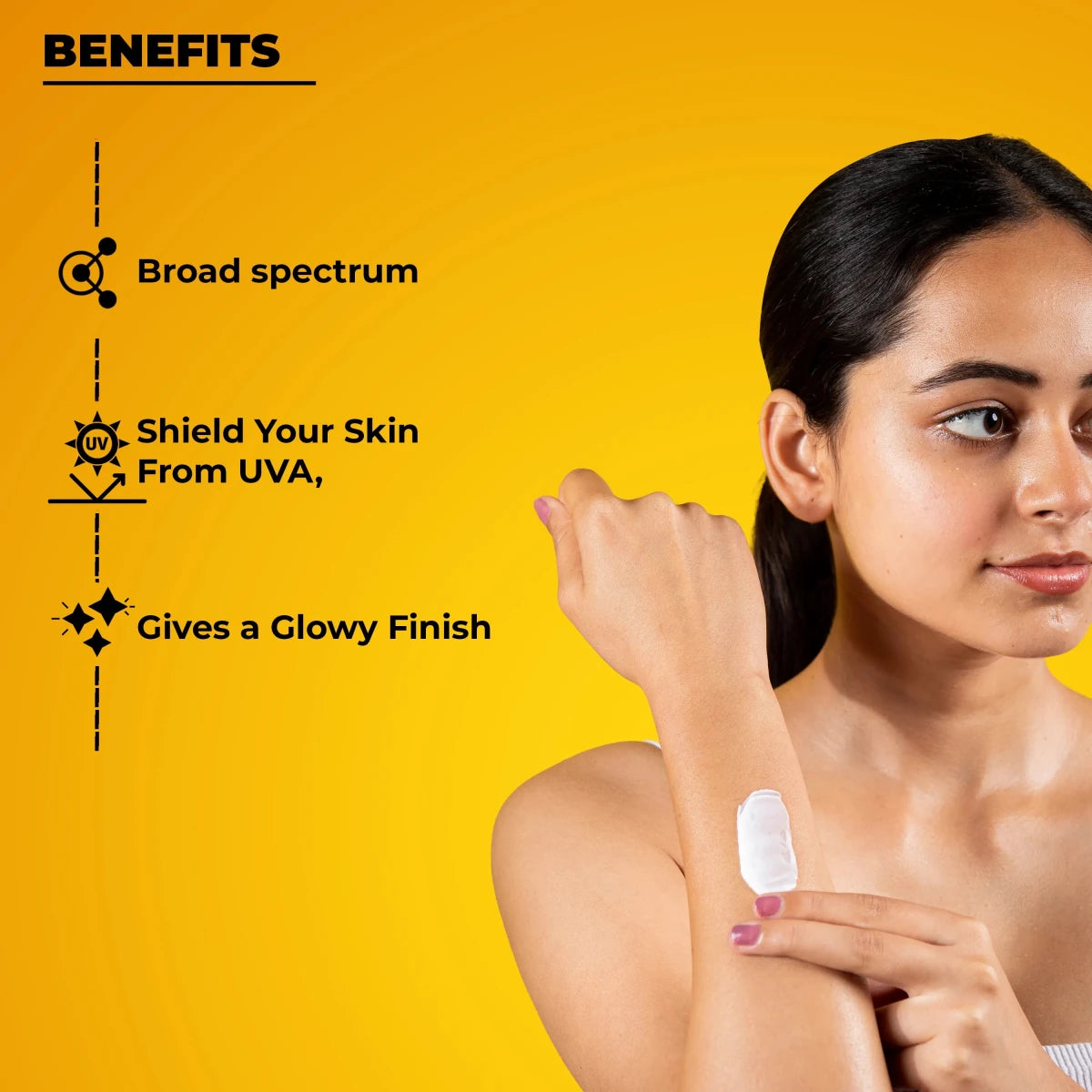 Broad-spectrum protection benefits of the Dermabay Sunscreen SPF 50 PA++++ included in the Glow And Protect Combo, offering UVA, UVB, and blue light defense with a glowy finish.
