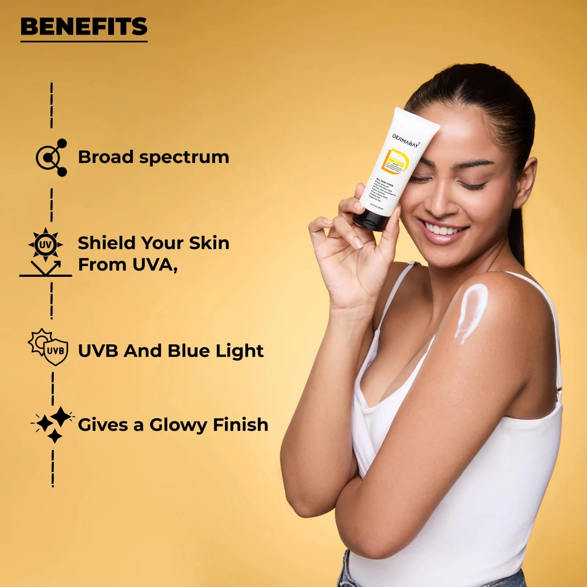 Broad-spectrum protection benefits of the Dermabay Sunscreen SPF 50 PA++++ included in the Morning Skincare Routine Kit, providing a shield against UVA, UVB, blue light, and a glowy finish.