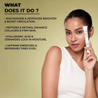 Woman holding Dermabay under eye cream, brightens skin, firms with peptides, and refreshes tired eyes