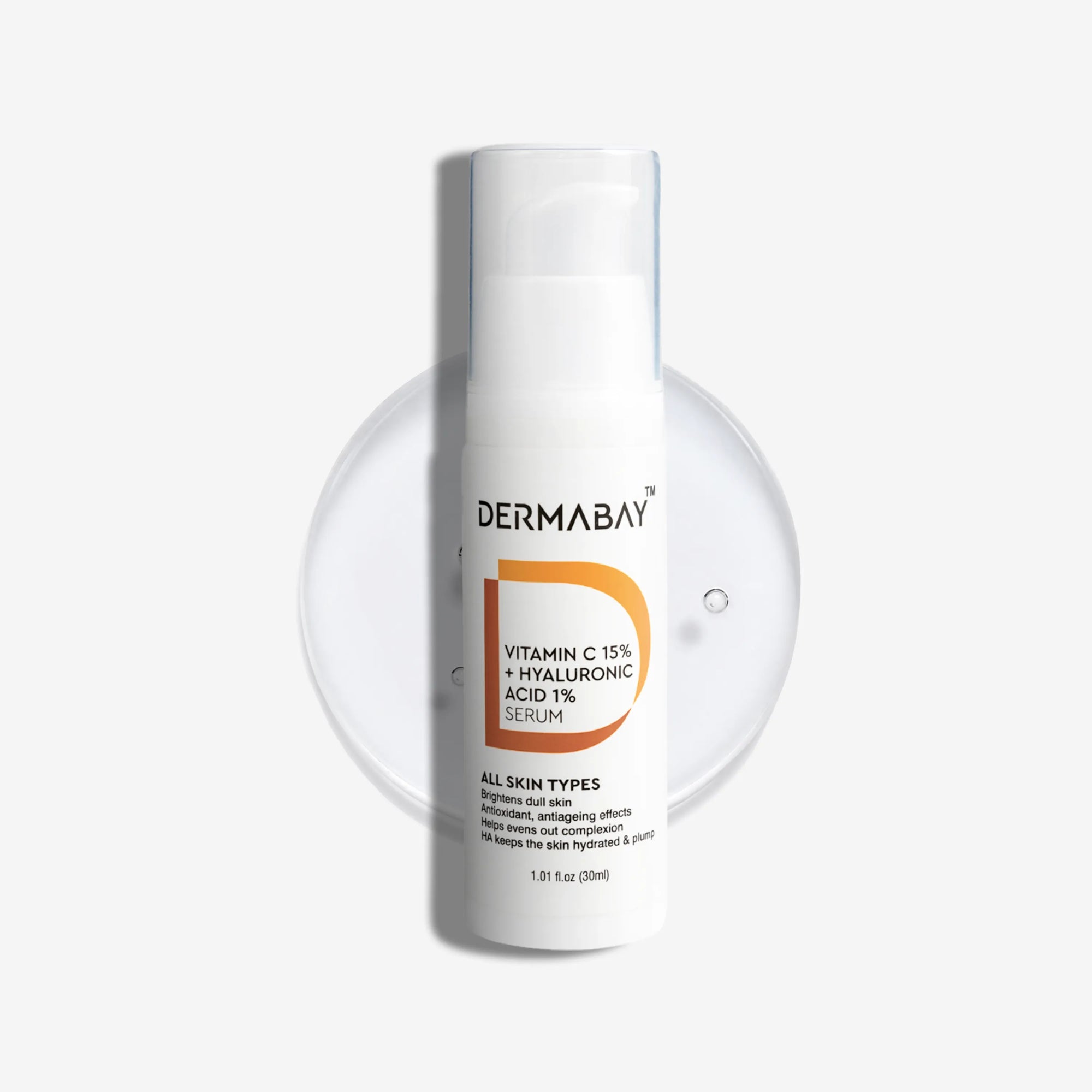 Dermabay Vitamin C 15% and Hyaluronic Acid 1% serum bottle, 30ml, for all skin types