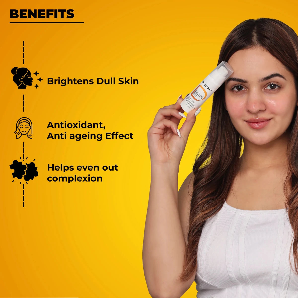 Key benefits of the Dermabay Vitamin C 15% + Hyaluronic Acid 1% Serum from the Glow And Protect Combo, including brightening dull skin, antioxidant effects, and evening out complexion.