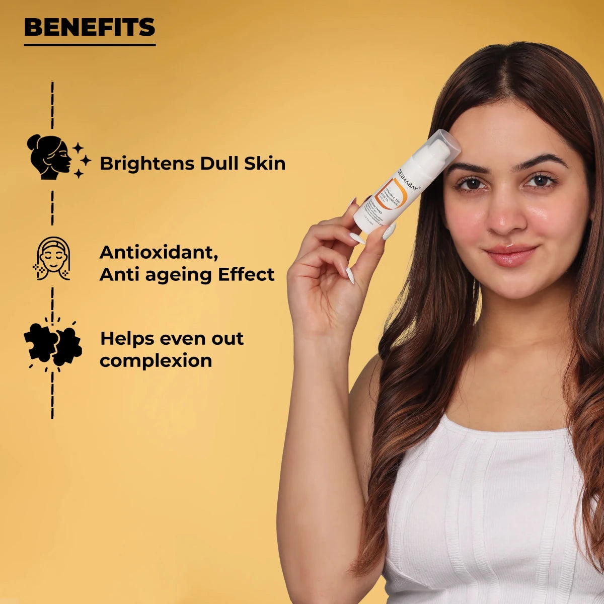 Brightening and anti-ageing benefits of the Dermabay Vitamin C 15% + Hyaluronic Acid 1% Serum from the Morning Skincare Routine Kit.