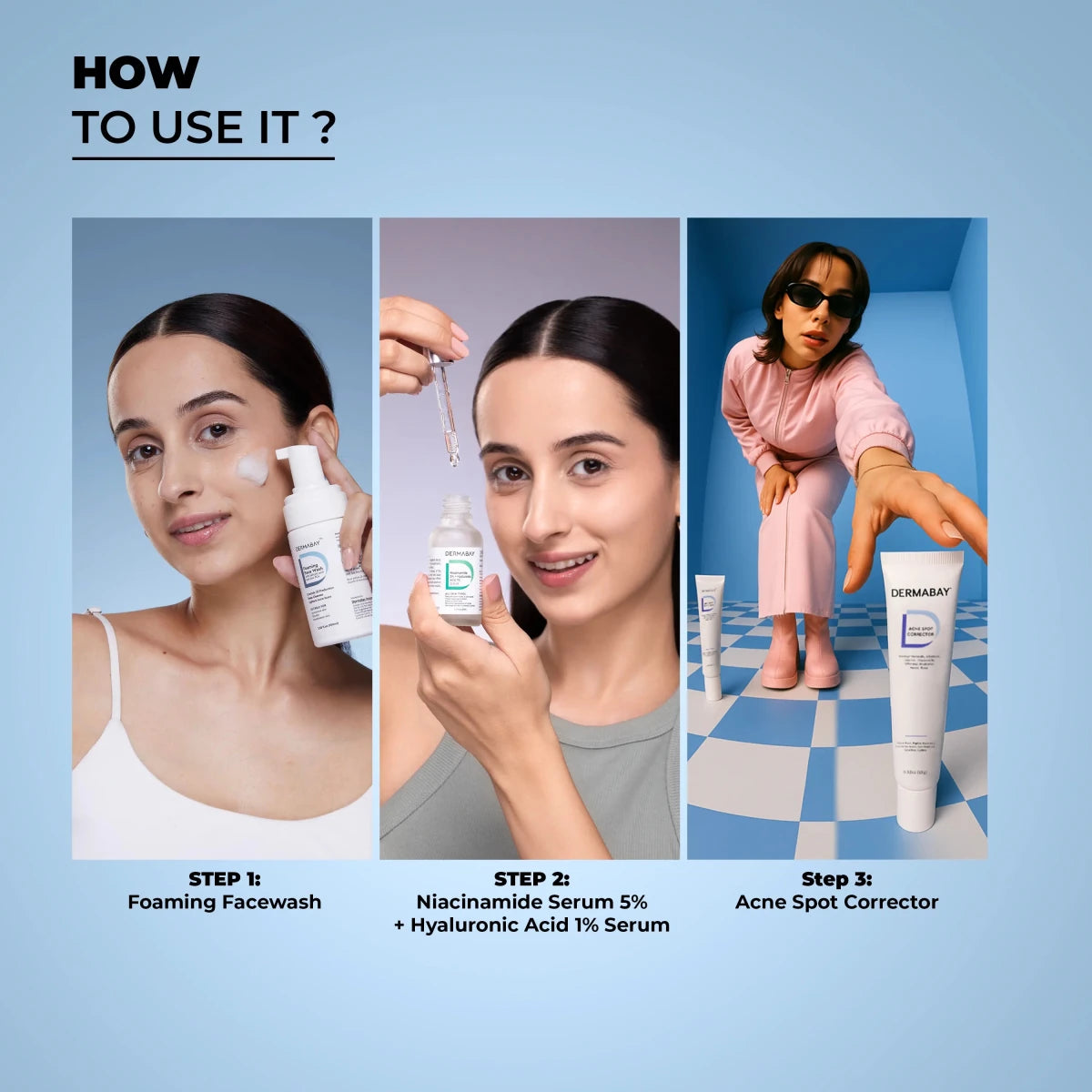 Step-by-step application guide for the Dermabay Anti Acne Combo featuring Step 1: Foaming Facewash, Step 2: Niacinamide Serum 5% + Hyaluronic Acid 1% Serum, and Step 3: Acne Spot Corrector.