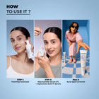 Step-by-step application guide for the Dermabay Anti Acne Combo featuring Step 1: Foaming Facewash, Step 2: Niacinamide Serum 5% + Hyaluronic Acid 1% Serum, and Step 3: Acne Spot Corrector.