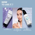 Step-by-step application guide demonstrating how to use the Dermabay anti-ageing face serum with a gentle cleanser and moisturizer.