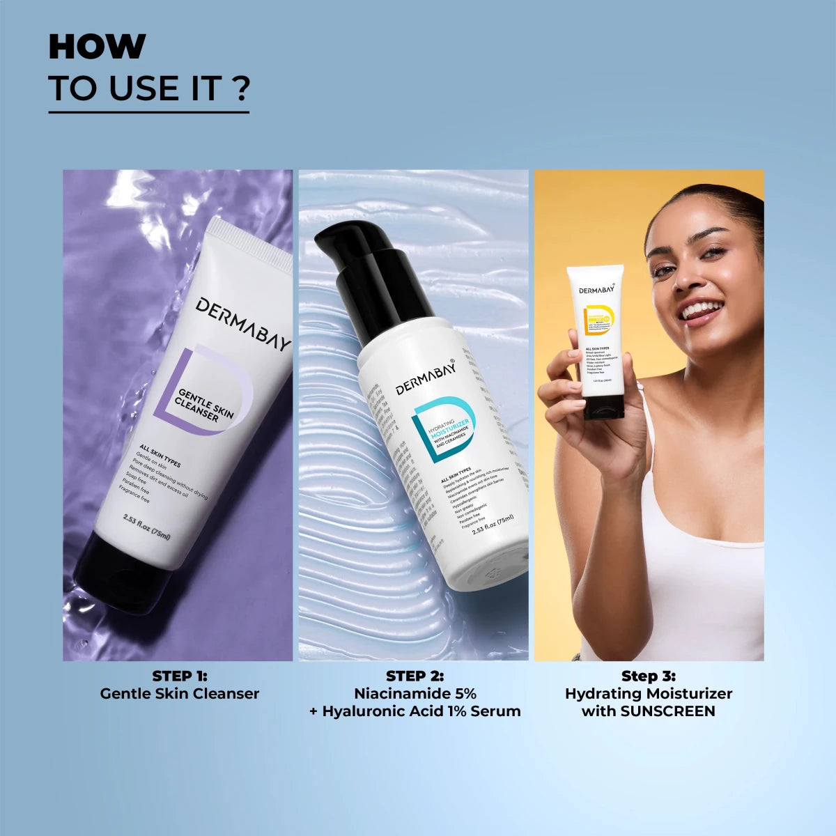 Step-by-step application guide for the Dermabay Cleanse and Glow Combo featuring Step 1: Gentle Skin Cleanser, Step 2: Serum, and Step 3: Hydrating Moisturizer with Sunscreen.