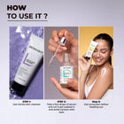 Step-by-step instructions demonstrating how to apply the Dermabay hyaluronic acid serum with a cleanser and sunscreen.